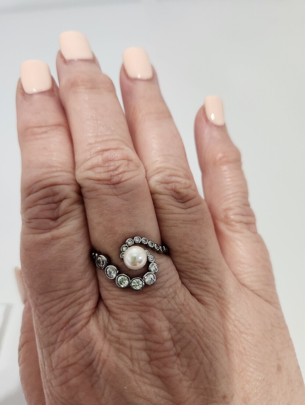BP June 2026 Pearl And Hematite Open Swirl Ring, Size 10